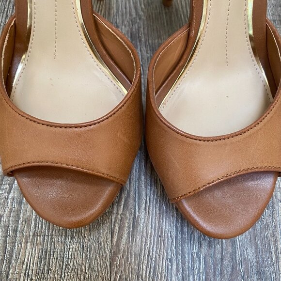 Gianni Bini Leather Ankle Strap Heel Size 6.5 Brown 5 in Zip Back Platform - Picture 3 of 16